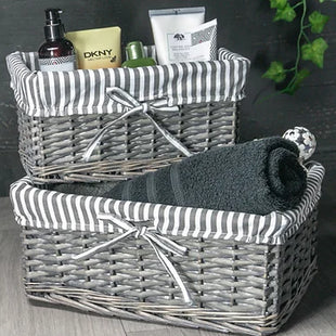 Grey Wicker Basket with Included Striped Lining Home Storage Hamper