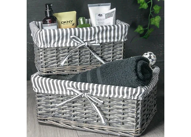 Grey Wicker Basket with Included Striped Lining Home Storage Hamper