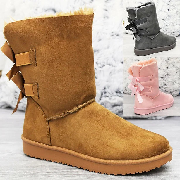 Ladies Fur Lined Flat Bow Ankle Boots