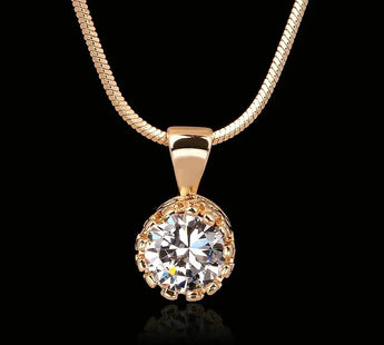 Rose Gold Plated Round Cubic Zirconia Crown Pendant Chain