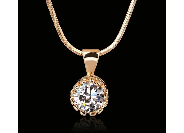 Rose Gold Plated Round Cubic Zirconia Crown Pendant Chain