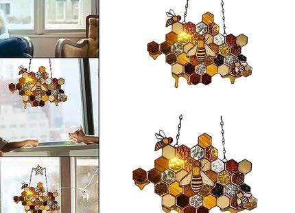 One or Two Stained Glass Effect Bee Honeycomb Hanging Decorations