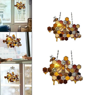 One or Two Stained Glass Effect Bee Honeycomb Hanging Decorations