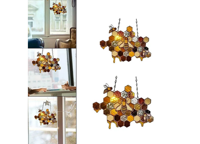 One or Two Stained Glass Effect Bee Honeycomb Hanging Decorations