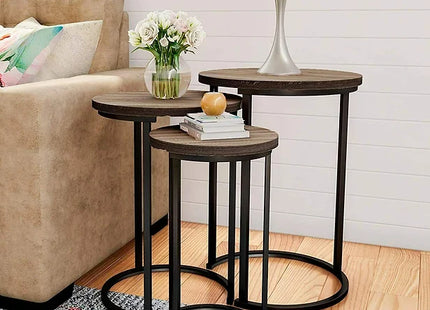 Set of 3 Round Vintage Wooden/Steel Nesting Side Coffee Tables