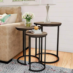 Set of 3 Round Vintage Wooden/Steel Nesting Side Coffee Tables