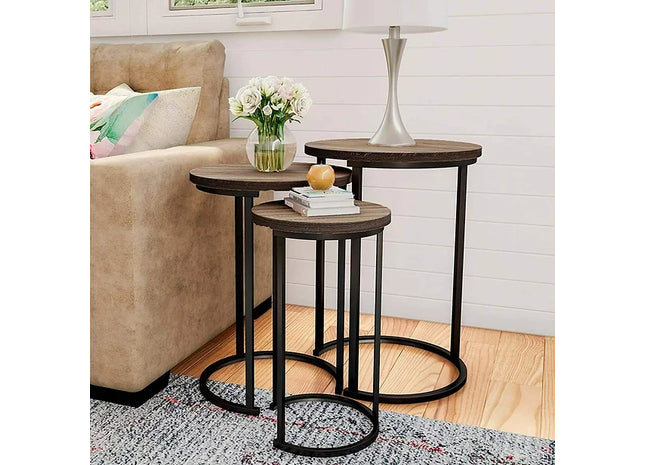 Set of 3 Round Vintage Wooden/Steel Nesting Side Coffee Tables