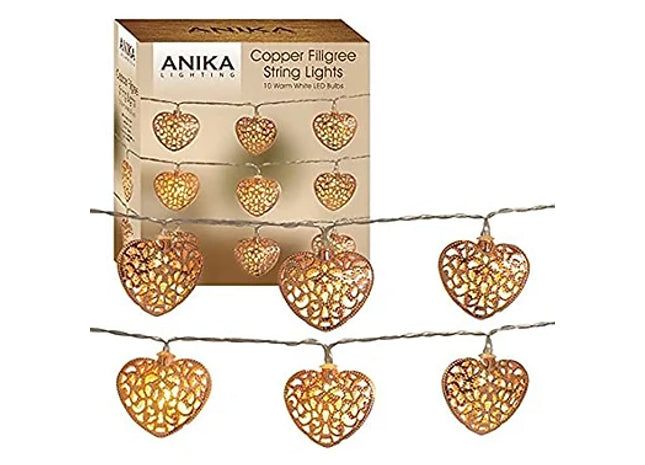 Anika 10 Copper Coloured Filigree Hearts with Warm White