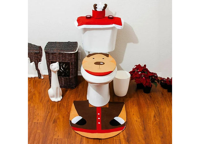 3PC CHRISTMAS FESTIVE REINDEER TOILET SEAT COVER SET