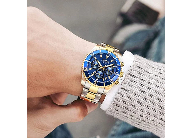 Mens Watches Chronograph Stainless Steel Waterproof Date Analog Quartz Watch Bus