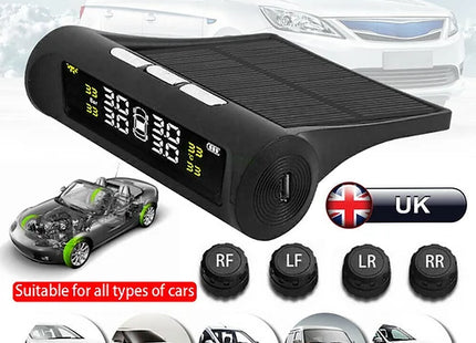 Solar Tyre Pressure Monitoring System Car TPMS Wireless 4 External Sensors Tool