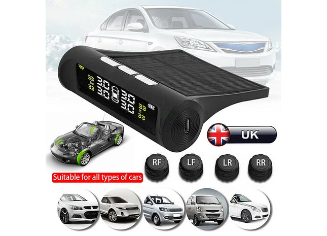 Solar Tyre Pressure Monitoring System Car TPMS Wireless 4 External Sensors Tool