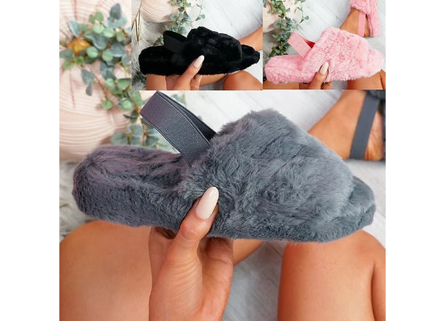 WOMENS FAUX FUR FLUFFY SLIDERS SLIP ON FLAT WARM SLIPPERS SANDALS SIZE UK