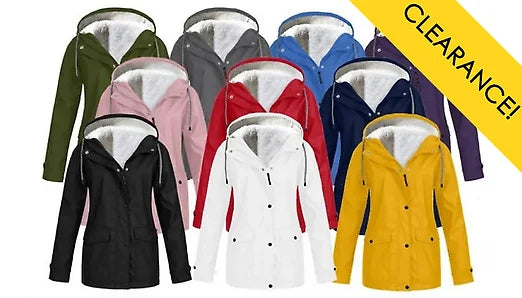 Fleece-Lined Hooded Raincoat - 15 Colours & 10 Sizes