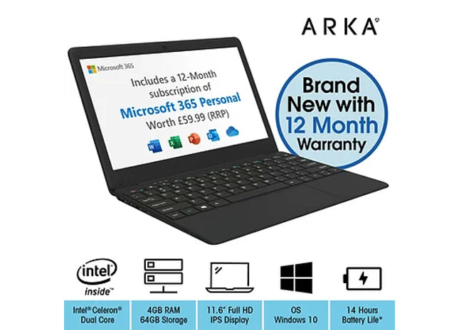 ARKA Book Laptop 11.6 inch Windows 10 FHD Intel Celeron Dual Core 4GB RAM 64GB