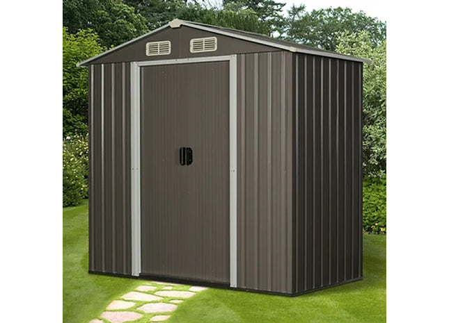6x4ft Corrugated Metal Garden Storage Shed w/Sliding Door Roof - Grey