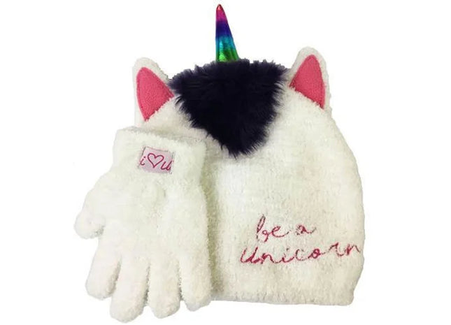 PREMIUM UNICORN YARN BOBBLE HAT & GLOVES SET