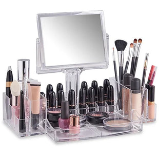 Beautify Clear Acrylic Cosmetic Makeup Display Organiser with Two Sided Mirror