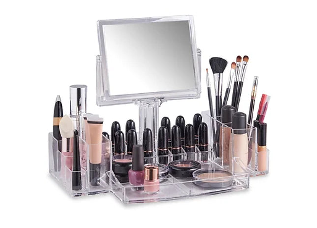 Beautify Clear Acrylic Cosmetic Makeup Display Organiser with Two Sided Mirror