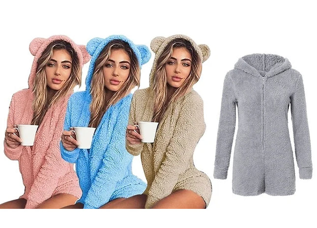 Women's Fleece Hooded Bear Lounge Romper