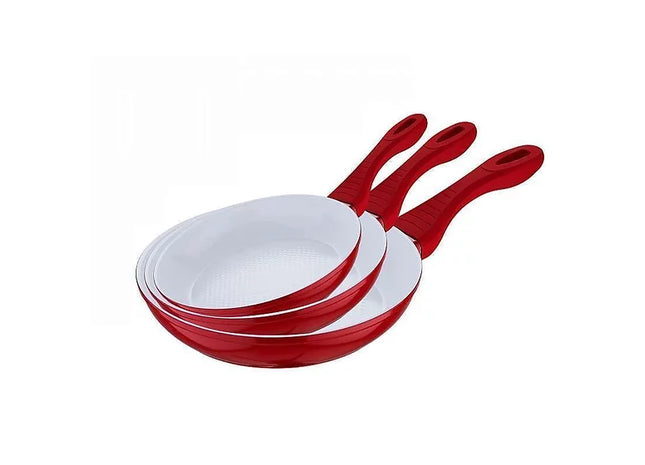 3pc Red Ceramic Frying Pans