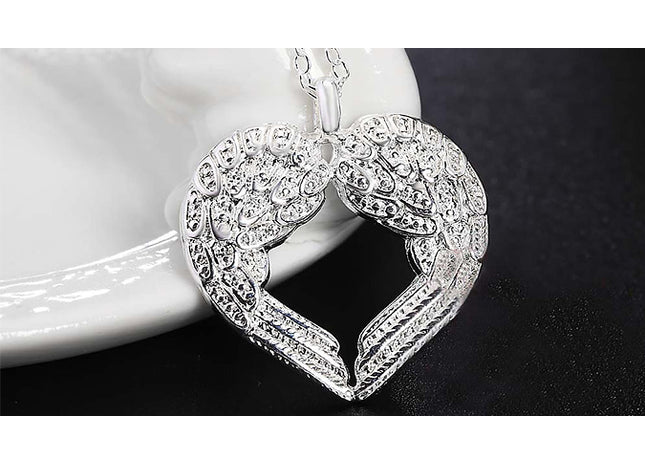 Silver Plated Angel Wings Heart Pendant Necklace
