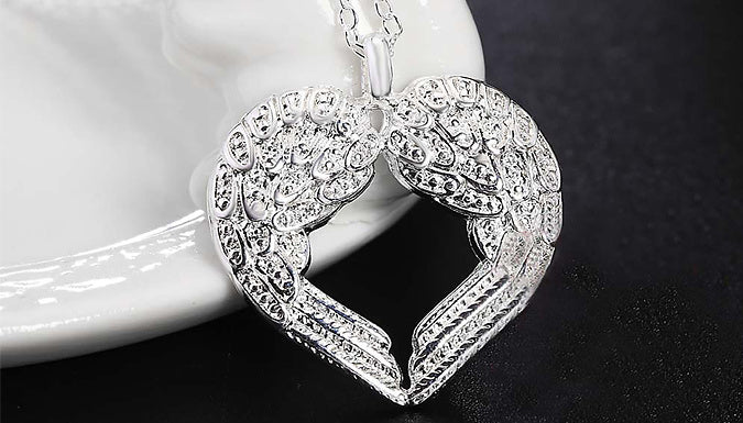 Silver Plated Angel Wings Heart Pendant Necklace