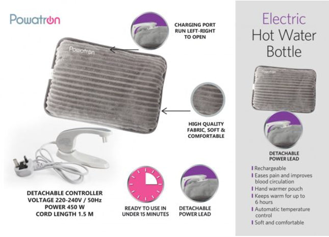 Electric Powatron Hot Water Bottle Plush Grey